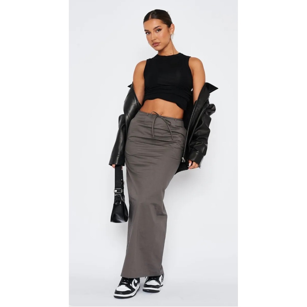 White Fox Street Style Maxi Cargo Skirt, Gray, relaxed, casual, edgy, tie waist - Picture 3 of 16